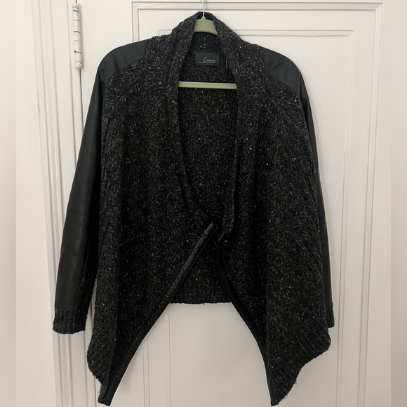 Line sweater jacket with Faux leather trims, Grey & Black, size M - Picture 2 of 7